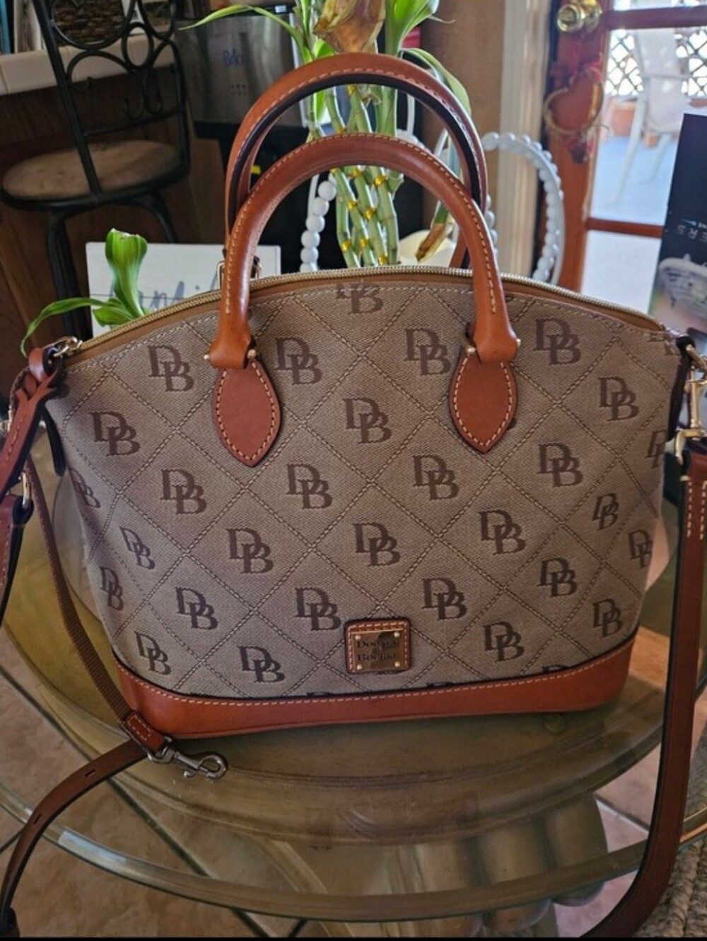 Dooney & Bourke Adorable 2-Way Tan and Beige Signature Satchel